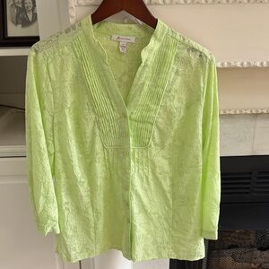 Whimsical Floral Burnout Blouse JM Collection Lime Green Crinkle Top Size 14